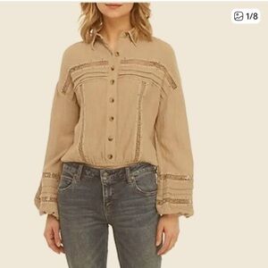 Free People Summer Stars Tan Button-Up Blouse Shirt Top